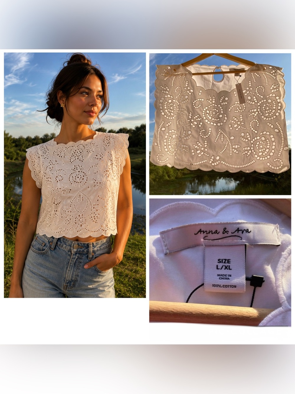 NWT Anna & Ava White Eyelet Embroidered Cotton Crop Top L/XL Boho Coastal